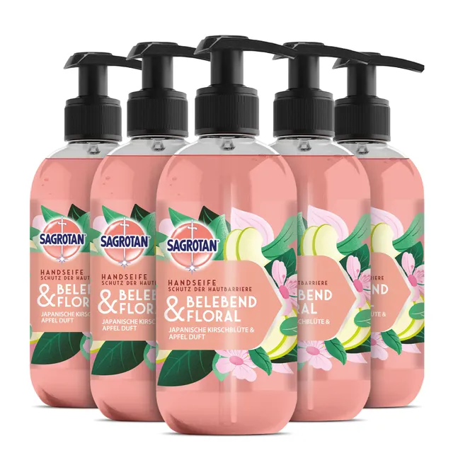 sagrotan-hygieneseife-belebend-und-floral-fl-ssigseife-5x300-ml image 1