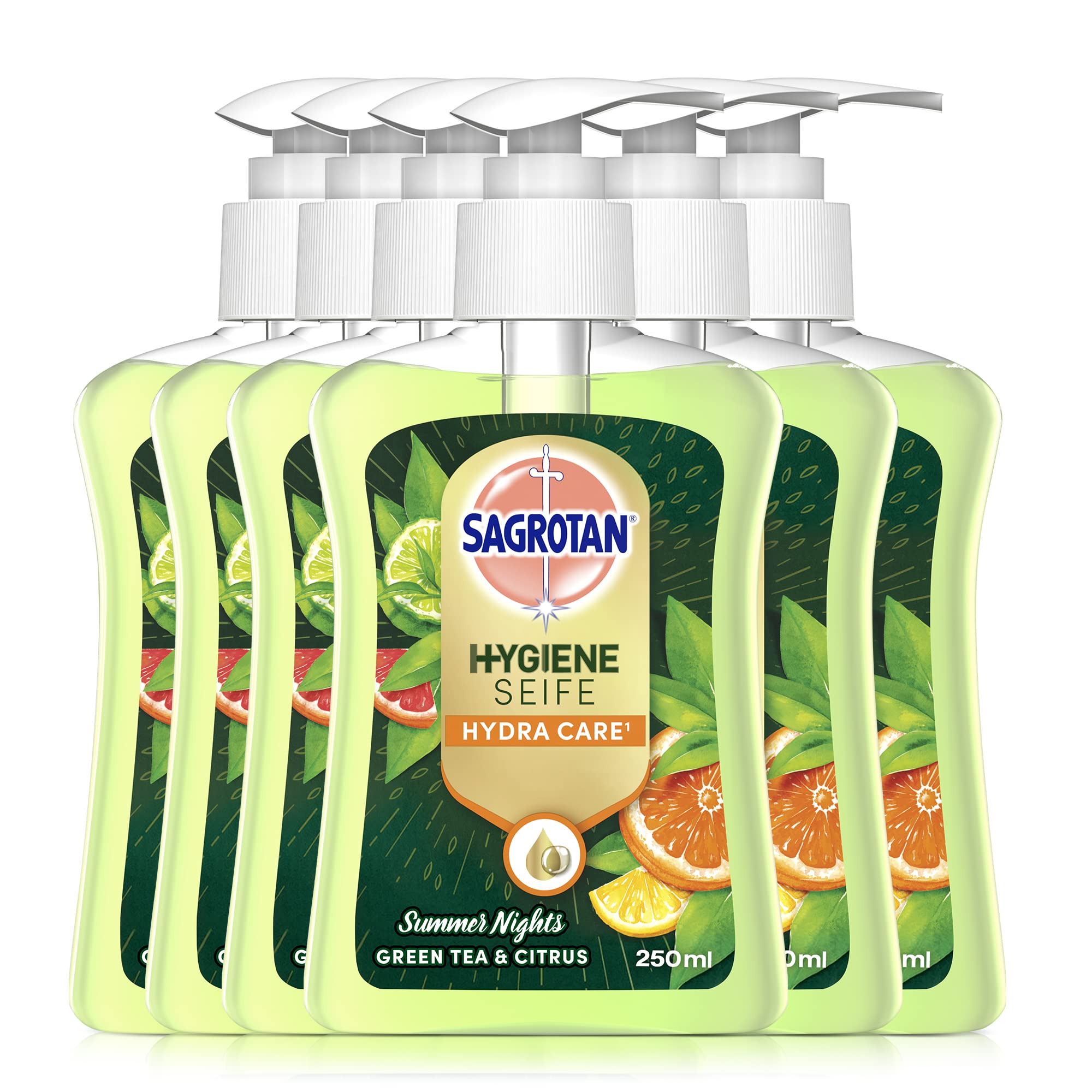 sagrotan-handseife-summer-nights-fl-ssigseife-gr-ner-tee-citrus-6-x-250-ml image 1