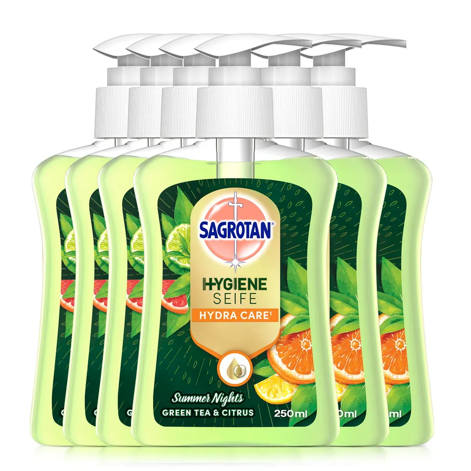 sagrotan-handseife-summer-nights-fl-ssigseife-gr-ner-tee-citrus-6-x-250-ml image 1