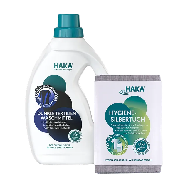 haka-set-dunkle-w-sche-ultrafrisch-waschmittel-1l-hygiene-silbertuch image 1